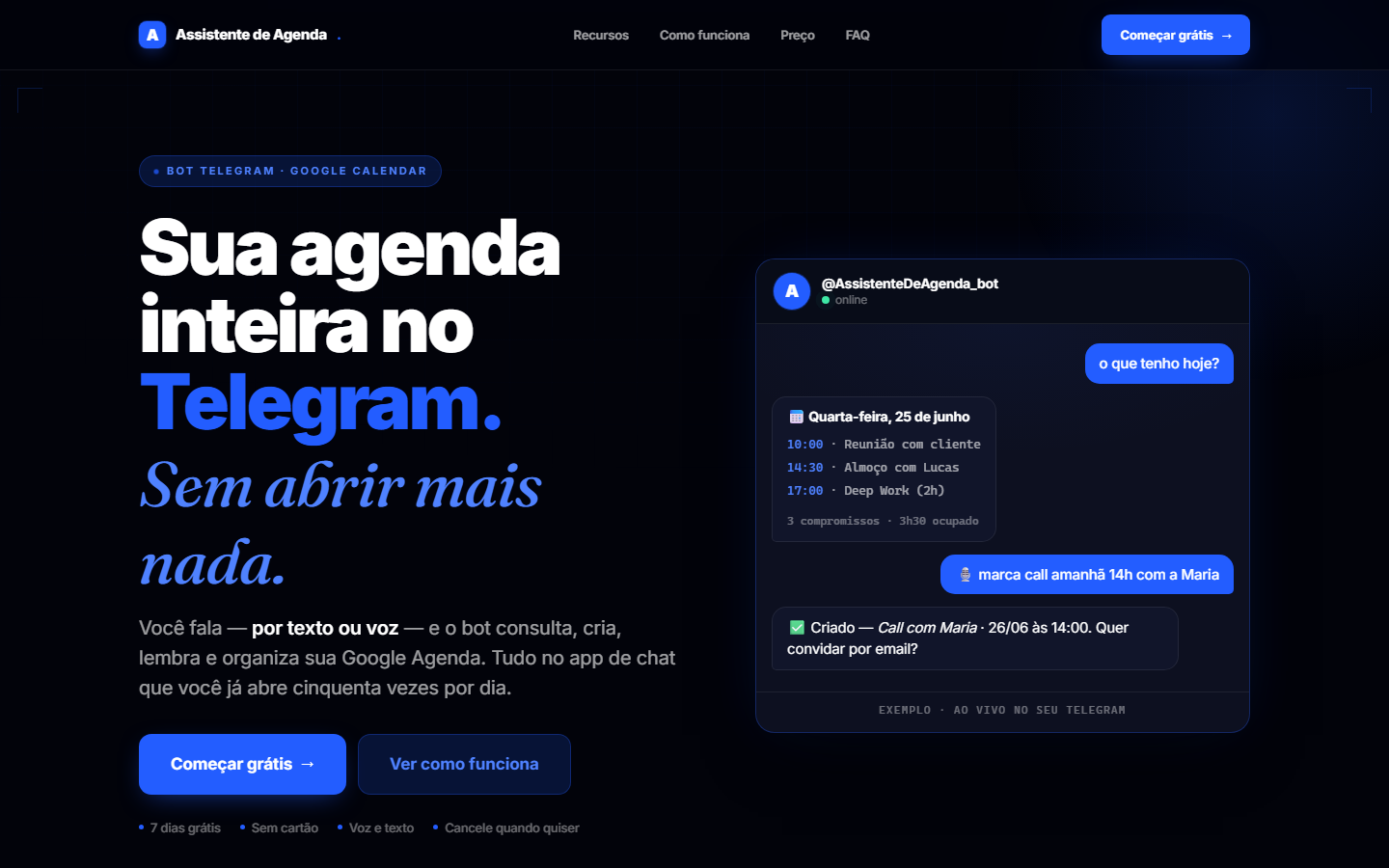 Página do Assistente de Agenda com demonstração da conversa no Telegram