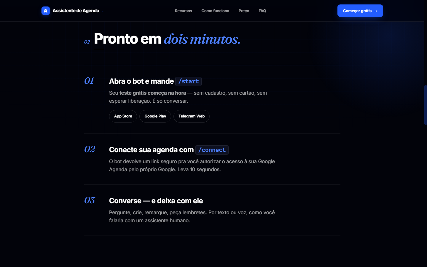 Passo a passo do Assistente de Agenda: começar com /start, conectar a Google Agenda e conversar com o bot