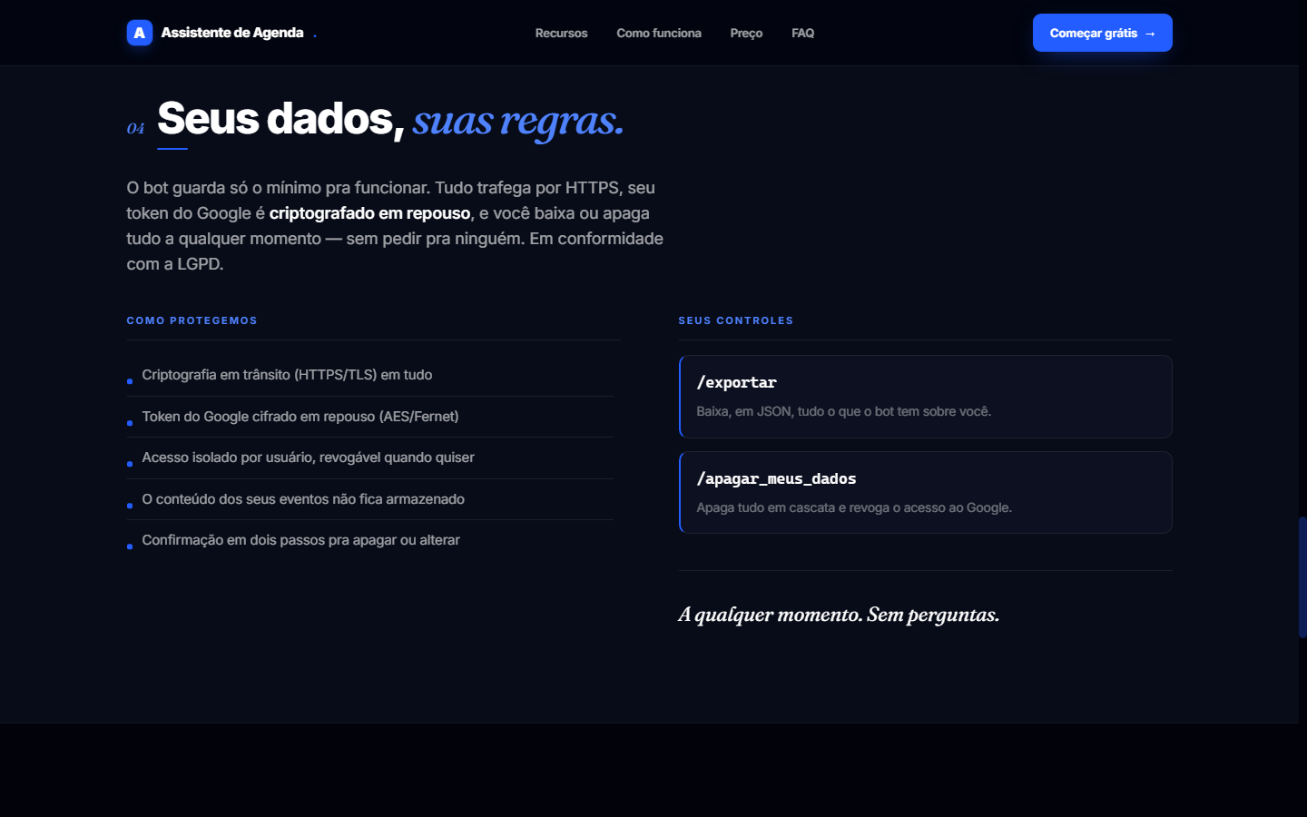 Seção de privacidade do Assistente de Agenda: criptografia, conformidade LGPD e comandos de exportar e apagar dados