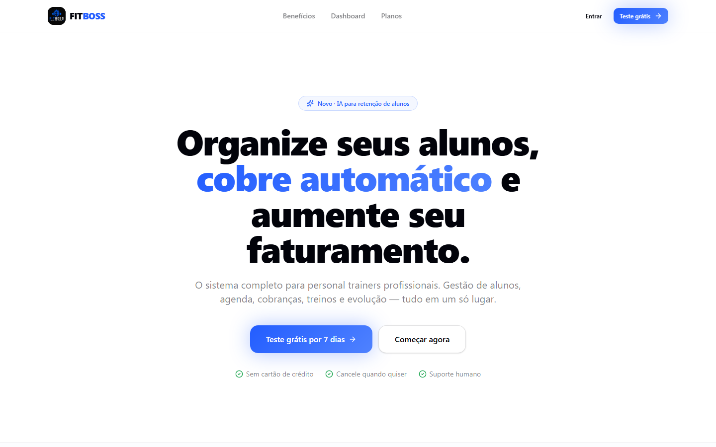 Página inicial do FitBoss, sistema para personal trainers