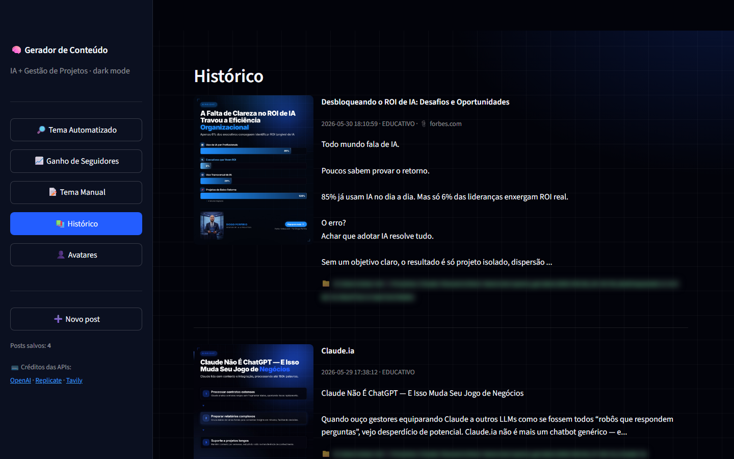 Histórico do Gerador de Conteúdo com posts e capas de carrossel gerados por IA